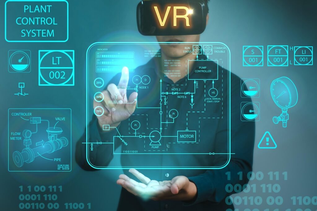 Sanal gerçeklik (VR) gözlüğü ile metaverse ortamında etkileşimli eğitim deneyimi yaşayan öğrenci.