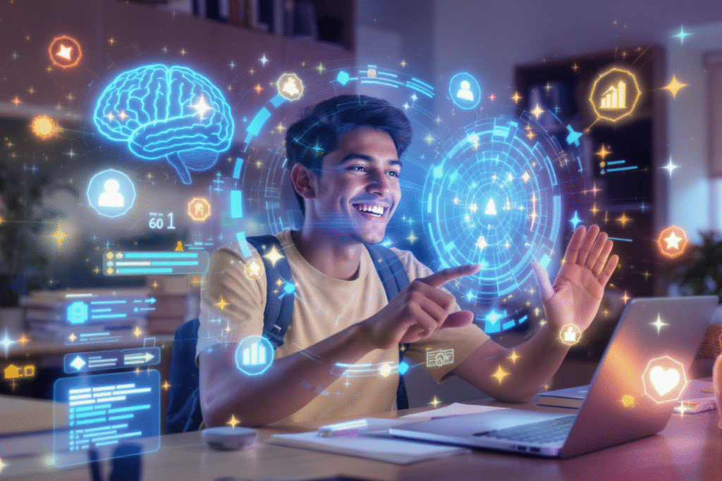 Bilgisayar başında fütüristik bir hologram arayüzü ile etkileşime giren, yapay zeka ve oyunlaştırma simgeleriyle çevrili mutlu bir öğrenci.