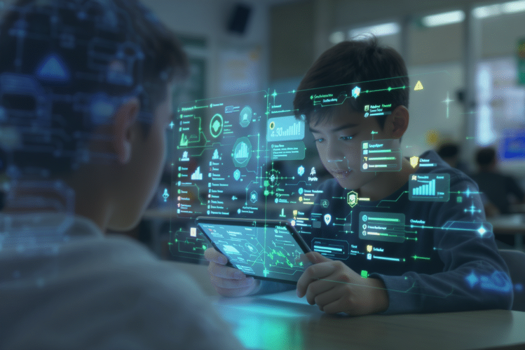 ınıf ortamında tablet kullanan öğrenci ve önünde beliren yapay zeka destekli kişiselleştirilmiş öğrenme ve oyunlaştırma verileri.