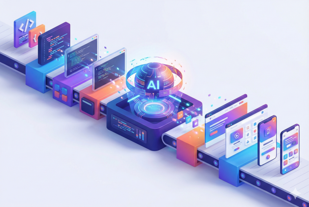 Yapay zeka destekli yazılım geliştirme yaşam döngüsünü gösteren 3D izometrik illüstrasyon. Soldaki ham kod blokları, merkezdeki parlayan AI (Yapay Zeka) çekirdeğinden geçerek sağ tarafta tamamlanmış web ve mobil uygulama arayüzlerine dönüşüyor.